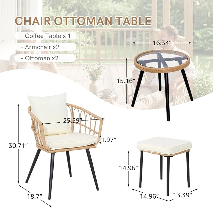5 Piece Patio Furniture Set, Outdoor Wicker Small Conversation Bistro Set, All-Weather PE Rattan Chairs with Ottoman & Coffee Table, Ideal for Balcony Porch Deck Yard Poolside