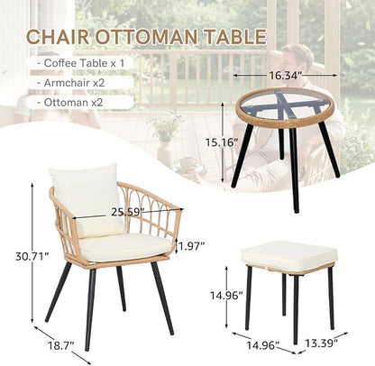 5 Piece Patio Furniture Set, Outdoor Wicker Small Conversation Bistro Set, All-Weather PE Rattan Chairs with Ottoman & Coffee Table, Ideal for Balcony Porch Deck Yard Poolside
