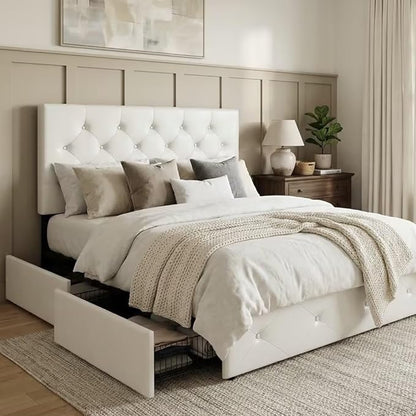 Allewie Upholstered Full Size Platform Bed Frame with 4 Storage Drawers and Headboard, Diamond Stitched Button Tufted, Mattress Foundation with Wooden Slats Support, No Box Spring Needed, White