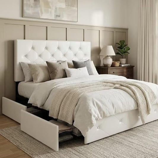 Allewie Upholstered Full Size Platform Bed Frame with 4 Storage Drawers and Headboard, Diamond Stitched Button Tufted, Mattress Foundation with Wooden Slats Support, No Box Spring Needed, White