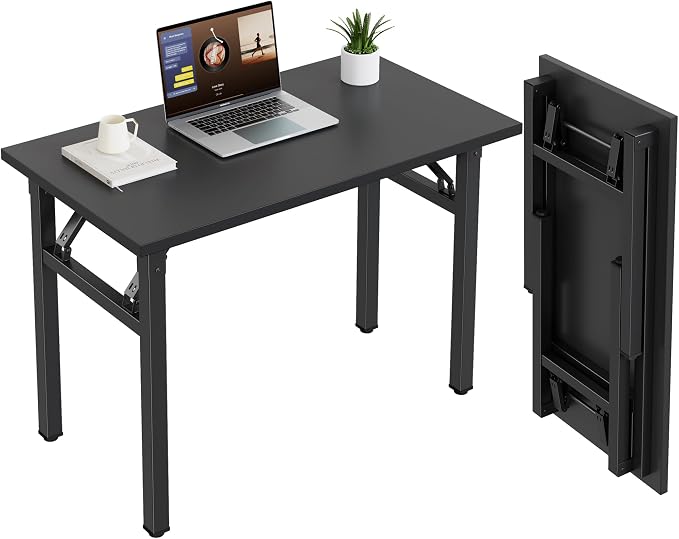 Need 35.8 Inch Folding Desk for Small Spaces, Home Office Computer Desk with Wood Top & Black Frame, Foldable Writing Table for Study, Bedroom, Dorm Room & Student, Black