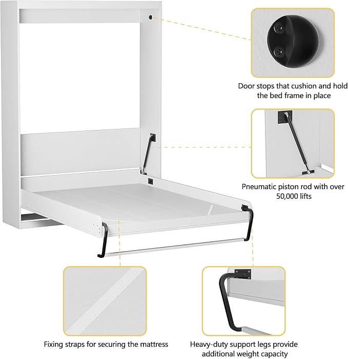 ROOMTEC Full Size Murphy Wall Bed, White, Space-Saving Furniture Bed Frame for Bed Room,Guest Room,Home Office