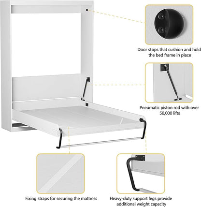 ROOMTEC Full Size Murphy Wall Bed, White, Space-Saving Furniture Bed Frame for Bed Room,Guest Room,Home Office