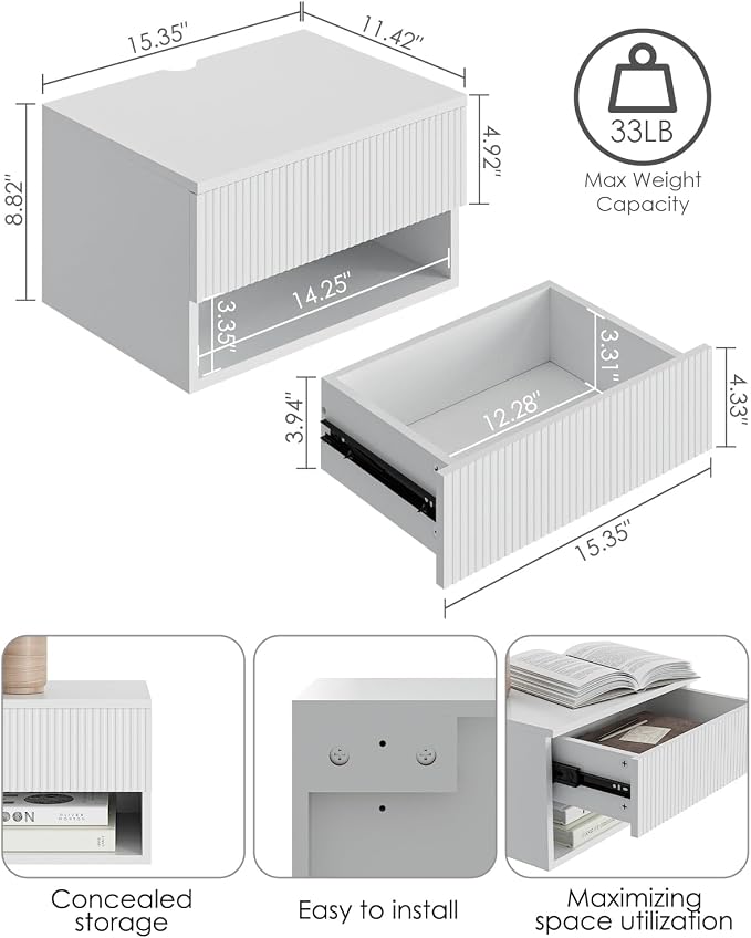 Modern Small Nightstand with Drawer, Floating Shelves for Bedroom, Bathroom (White Stripe)