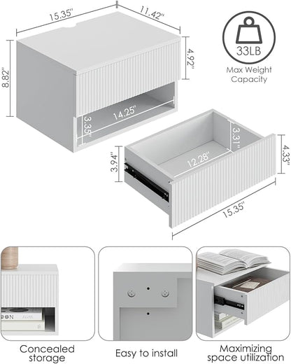 Modern Small Nightstand with Drawer, Floating Shelves for Bedroom, Bathroom (White Stripe)