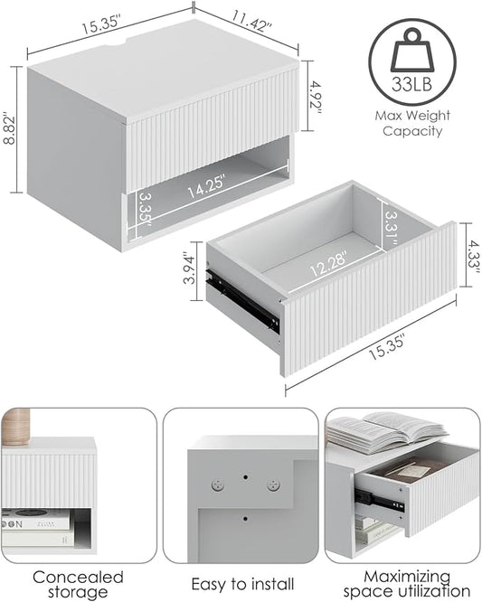 Modern Small Nightstand with Drawer, Floating Shelves for Bedroom, Bathroom (White Stripe)