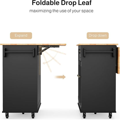 Ahomly Kitchen Island with Storage, Island Table for Kitchen with Drop Leaf, 5 Wheels, a Drawer, Spicy Rack and Towel Bar, Black
