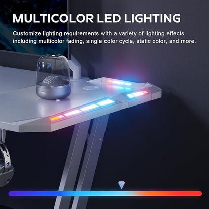 HLDIRECT 55 Inch Gaming Desk with LED Lights Carbon Fibre Surface Gaming Table Large Computer Desk Ergonomic Home Office Desks Z Shaped PC Gamer Workstations with Cup Holder & Headphone Hook White
