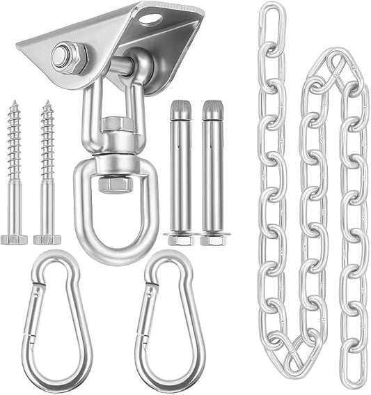 Hammock Hanging Kit, Hanging Chair Hardware with Chain 1000 lb Capacity Hammock Hooks, Heavy Duty Porch Swing Hanger, 360 Swivel Ceiling Hooks Snap for Chair, Seat, Yoga, Punching Bag, Gym (Silver)