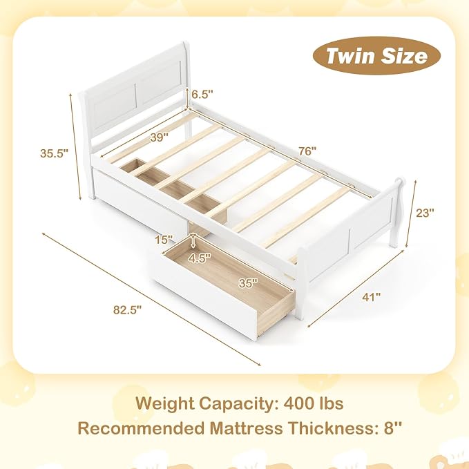 Giantex Twin Bed with 2 Storage Drawers, Wood Platform Bed with Headboard & Footboard, Wooden Slats Support Mattress Foundation, Twin Bed Frames for Kids Teens Adults, No Box Spring Needed (White)