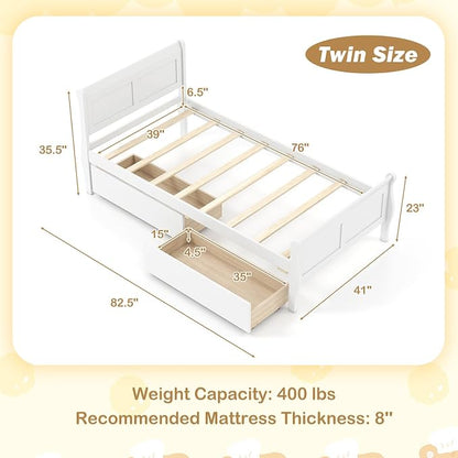 Giantex Twin Bed with 2 Storage Drawers, Wood Platform Bed with Headboard & Footboard, Wooden Slats Support Mattress Foundation, Twin Bed Frames for Kids Teens Adults, No Box Spring Needed (White)