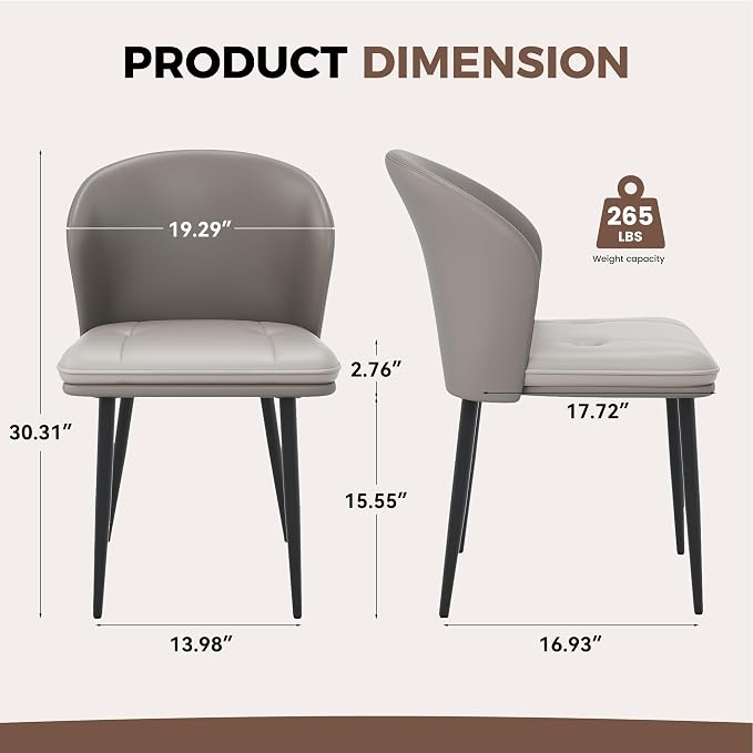 Modern Dining Chairs Set of 2, Faux Leather Upholstered Accent Chair with Metal Legs, Kitchen Side Chair with Comfortable Seat for Dining Room, Living Room, Bedroom, Light Grey