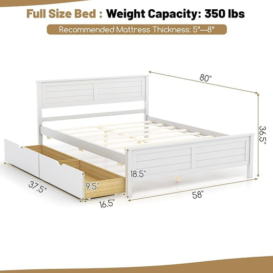 GOFLAME Full Size Bed Frame with 2 Drawers, Platform Bed with Solid Wood Headboard & Footboard, Wood Slats Support Mattress Foundation, Under Bed Storage, No Box Spring Needed, Easy Assembly, White