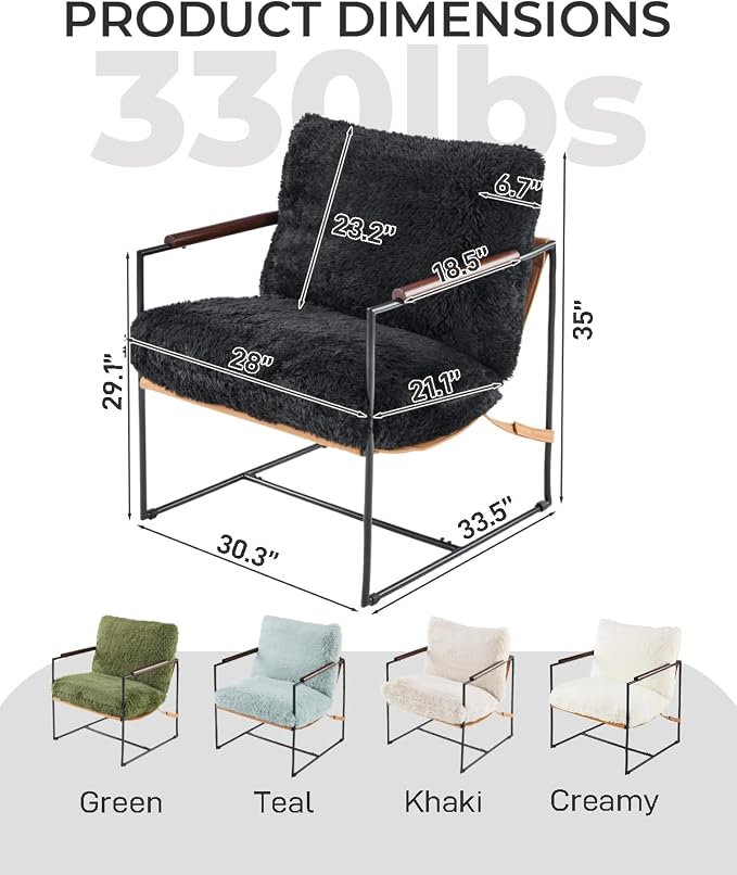 Karl home Modern Metal Frame Accent Chair, Black | Plush Fleece Upholstered, Wood Padded Armrest, 28" Seat Width, Comfy Lounge Armchair for Living Room, Bedroom, Apartment
