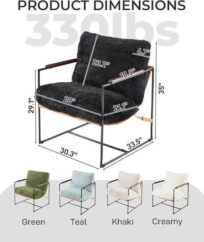 Karl home Modern Metal Frame Accent Chair, Black | Plush Fleece Upholstered, Wood Padded Armrest, 28" Seat Width, Comfy Lounge Armchair for Living Room, Bedroom, Apartment