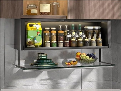 Modern Pull Down Cabinet Organizer Multifunctional Pantry Shelf with Transparent Glass Panel Space-Saving Kitchen Closet Storage,Ideal for Home