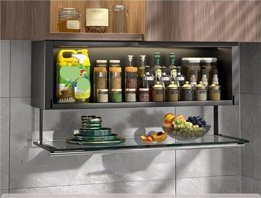 Modern Pull Down Cabinet Organizer Multifunctional Pantry Shelf with Transparent Glass Panel Space-Saving Kitchen Closet Storage,Ideal for Home