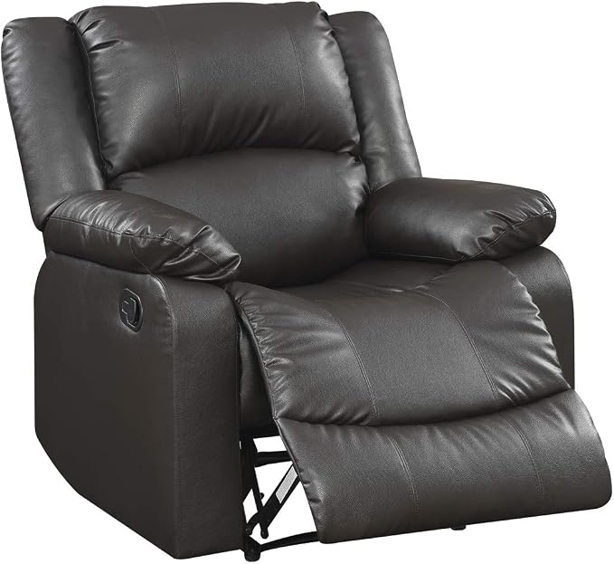 Warren 35.5" Manual Pull-Handle Recliner, Traditional Overstuffed, Pocket Coil Comfort, Black Metal Base Legs, Soft Vegan Leather Fabric, Java