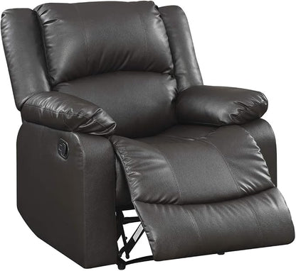 Warren 35.5" Manual Pull-Handle Recliner, Traditional Overstuffed, Pocket Coil Comfort, Black Metal Base Legs, Soft Vegan Leather Fabric, Java