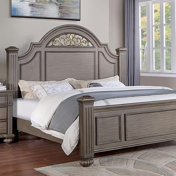 First of a Kind Queen Size Traditional Bedroom Furniture 4 pc Set in Gray - Solid Wood Finish with Floral Headboard Design, Antique Brass Hardware - Bed, Dresser, Mirror & Nightstand