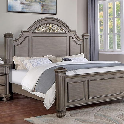 First of a Kind Queen Size Traditional Bedroom Furniture 4 pc Set in Gray - Solid Wood Finish with Floral Headboard Design, Antique Brass Hardware - Bed, Dresser, Mirror & Nightstand