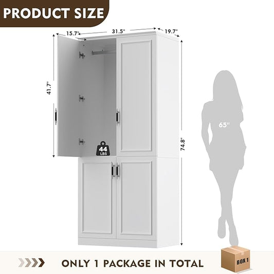 MEISSALIVVE Armoire Wardrobe Closet with 4 Door, 74.8" Large Wardrobe Cabinet with Hanging Rod, Freestanding Modern Bedroom Armoire Storage Cabinet, White