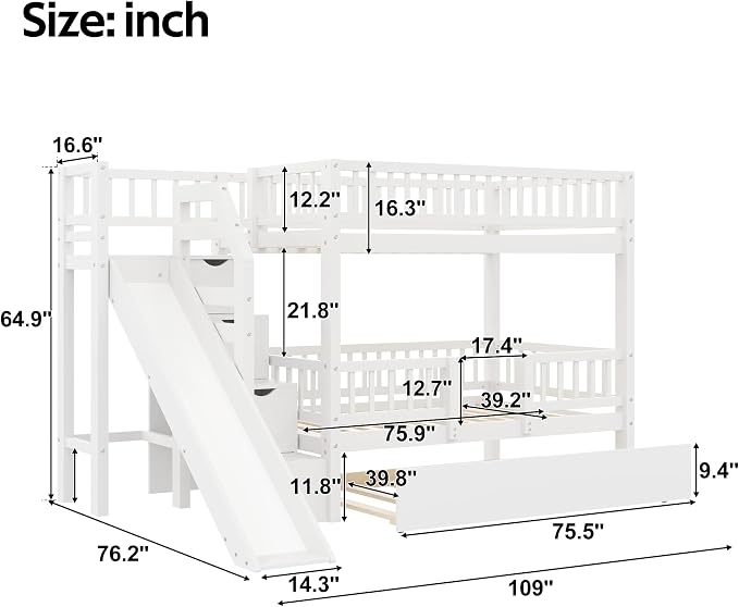 Twin Over Twin Bunk Bed with Storage Staircase, Slide and Trundle,for Kids Teens Adults Bedroom Use (White-ST, Twin Over Twin)