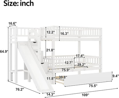 Twin Over Twin Bunk Bed with Storage Staircase, Slide and Trundle,for Kids Teens Adults Bedroom Use (White-ST, Twin Over Twin)