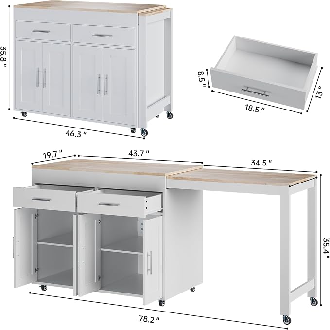 OtterOasis 78" Rolling Kitchen Island with Extendable Dining Table, Mobile Island with Storage for 2, Farmhouse Wood 4-Door Cabinet for Kitchen & Dining Room, White