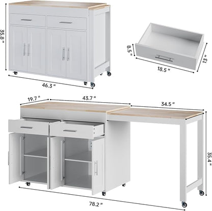 OtterOasis 78" Rolling Kitchen Island with Extendable Dining Table, Mobile Island with Storage for 2, Farmhouse Wood 4-Door Cabinet for Kitchen & Dining Room, White