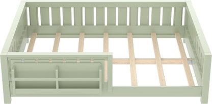 Bellemave Full Size Floor Bed with high Rails and with Built-in Bookshelf for Kids, Girls, Boys, Wood Montessori Floor Bed Without Door, Avocado Green