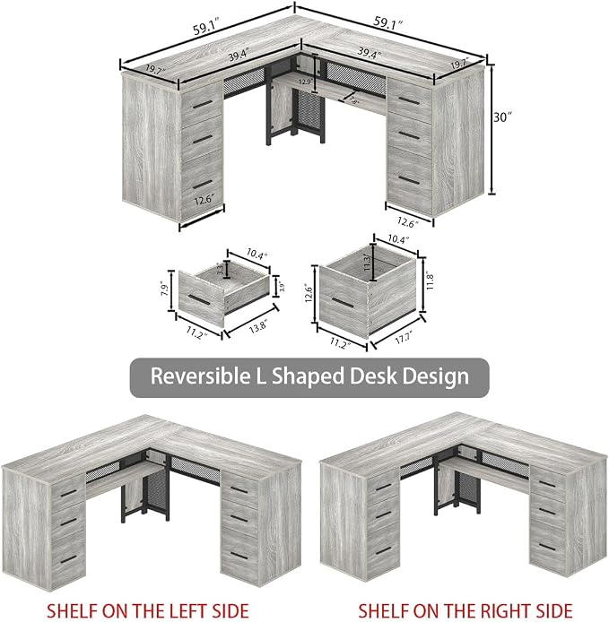 HSH Large L Shaped Desk with Storage File Cabinet，Corner L-Shaped Computer Desk with Drawers Shelves, Home Office Bedroom Metal Wood Study Writing Table Executive Workstation, Light Grey Oak, 59 Inch