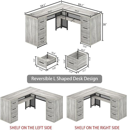 HSH Large L Shaped Desk with Storage File Cabinet，Corner L-Shaped Computer Desk with Drawers Shelves, Home Office Bedroom Metal Wood Study Writing Table Executive Workstation, Light Grey Oak, 59 Inch