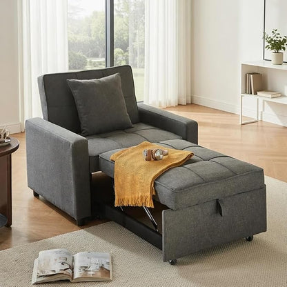 3-in-1 Convertible Sleeper Chair, Pull Out Single Sofa Bed with 3 Adjustable Backrest Angle & Pillow, Foldable Compact Reclining Sofa Bed for Small LivingRoom, Apartment, Home Office, Gray