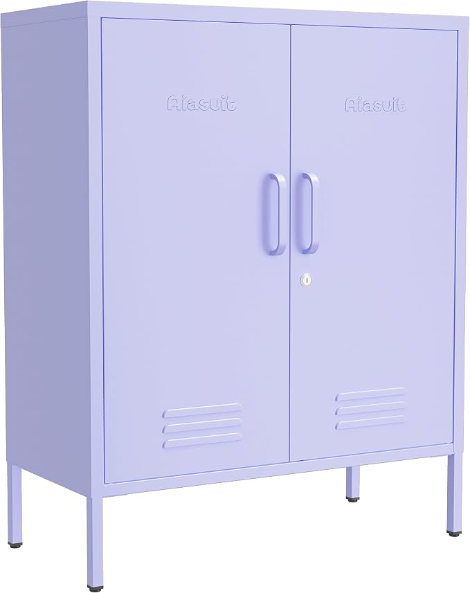 Multipurpose Accent Cabinet Locker, Metal Storage Cabinet with 2 Adjustable Shelves, Heavy Duty & Lockable Organizer Made of Thickened Steel, Easy Assembly for Home, Entryway, Purple
