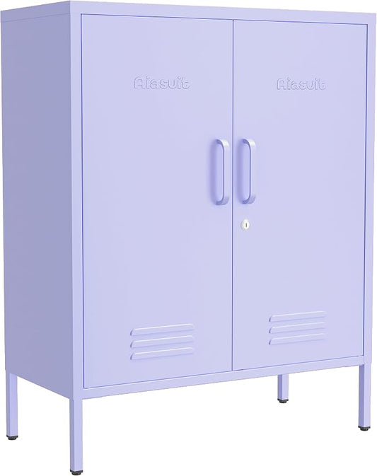 Multipurpose Accent Cabinet Locker, Metal Storage Cabinet with 2 Adjustable Shelves, Heavy Duty & Lockable Organizer Made of Thickened Steel, Easy Assembly for Home, Entryway, Purple