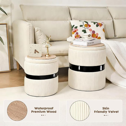 Velvet Round Ottoman Set of 2 with Storage, 12 Gallon Hidden Storage Ottoman, Multi-Functional Footrest Stool, Vanity Seat, Coffee Table, No Assembly Required, Holds 300lbs, (White)