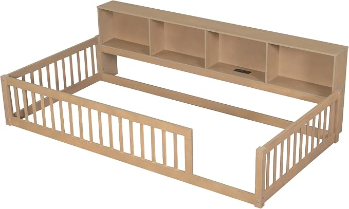 Bellemave Kids Montessori Floor Bed Twin XL Size,Floor Bed Frame with Bookcase and Charging Station for Kids Boys Girls