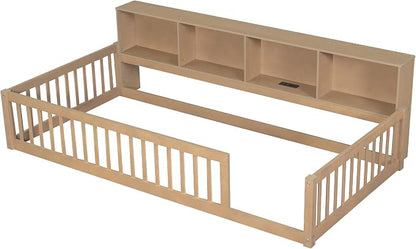 Bellemave Kids Montessori Floor Bed Twin XL Size,Floor Bed Frame with Bookcase and Charging Station for Kids Boys Girls