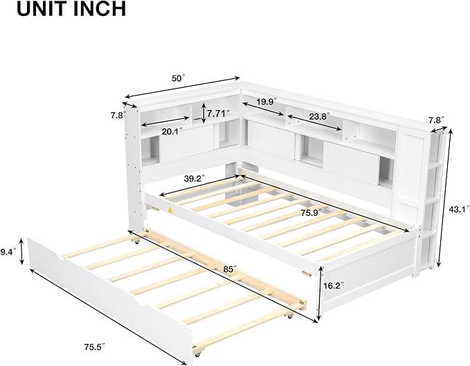 Bellemave Twin Corner Bed Frame with USB Ports, Wood Twin Size Daybed with L-Shaped Bookcase and Trundle，Daybed with Storage Cabinets, White