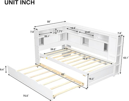 Bellemave Twin Corner Bed Frame with USB Ports, Wood Twin Size Daybed with L-Shaped Bookcase and Trundle，Daybed with Storage Cabinets, White