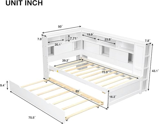 Bellemave Twin Corner Bed Frame with USB Ports, Wood Twin Size Daybed with L-Shaped Bookcase and Trundle，Daybed with Storage Cabinets, White