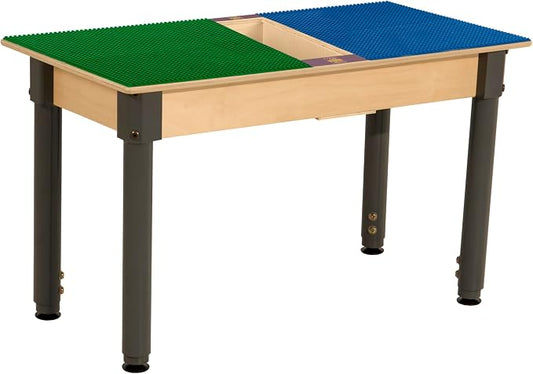 Wood Designs Time-2-Play Kids Birch Plywood Rectangular Lego Compatible Play Table, 30.75"x 15.5" with 18”-29” Adjustable Legs, Montessori Building Blocks Desk with Trough [Blue and Green]
