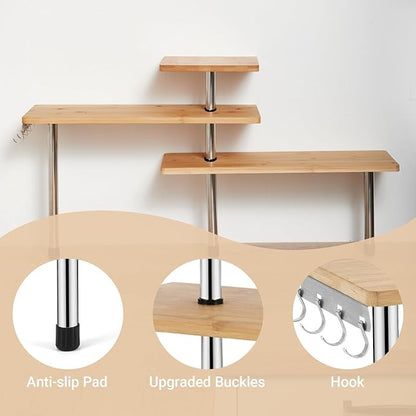 3-Tier Corner Shelf, Bamboo & Metal Storage Rack with Hooks, Adjustable Countertop Organizer for Kitchen, Bathroom, Bedroom or Office