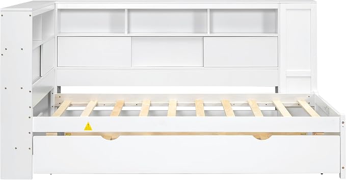 Bellemave Twin Corner Bed Frame with USB Ports, Wood Twin Size Daybed with L-Shaped Bookcase and Trundle，Daybed with Storage Cabinets, White