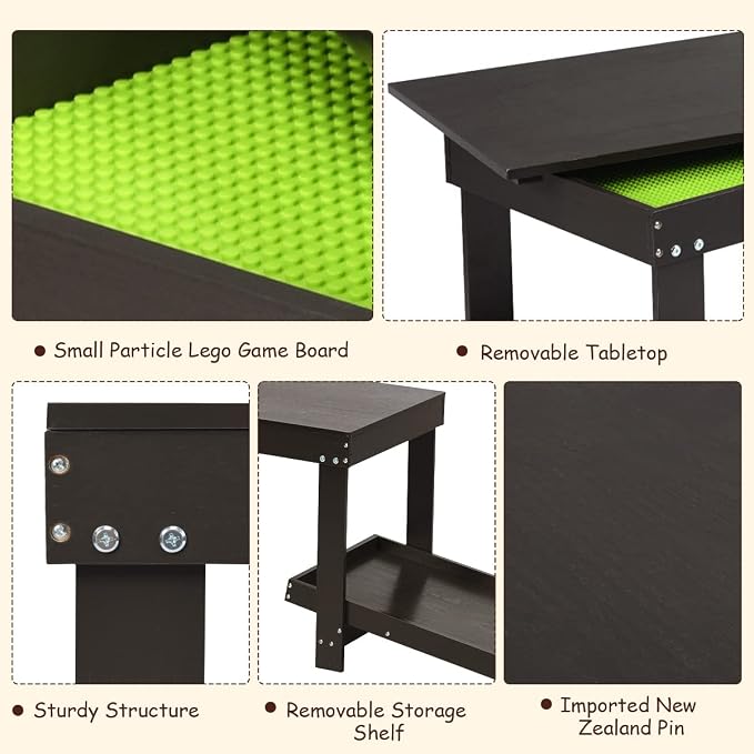 Costzon 2 in 1 Kids Activity Table w/Storage, Patented Building Block Table w/Board for Bricks Crafts Arts Draw, Children Solid Wood Play Table Desk for Preschool Toddler Boy & Girl Gift, Espresso