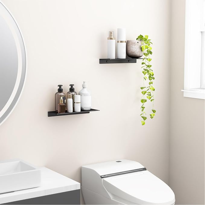 Danpoo 12 inch Metal Floating Shelves for Wall Organizer & Storage, Display Shelves for Bathroom, Living Room, Kitchen, Bedroom(Matte Black, 2-Pack)