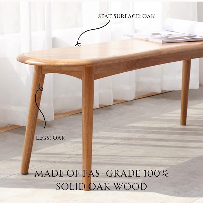 100% Solid Oak Dining Bench, Wood Bench for Bedroom End of Bed with Rounded Corners, Entryway Benches for Dining Room, Kitchen, Living Room (Natural Oak, 39.4")