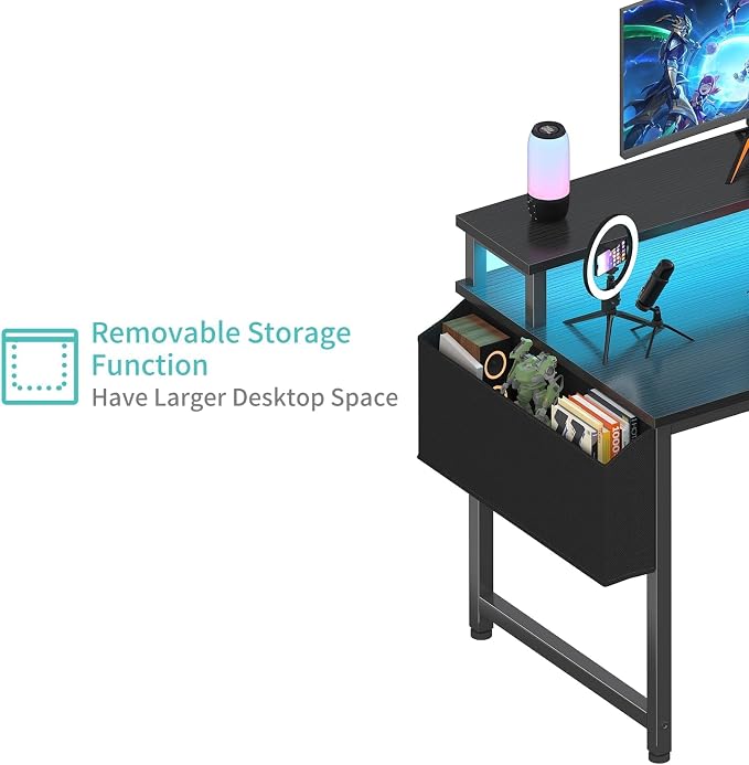 Lufeiya Black Gaming Desk with LED Lights and Power Outlets, 40 Inch Teen Writing Study Table Home Office Desks with Monitor Stand, Computer Desk with Charging Station USB Port, Black