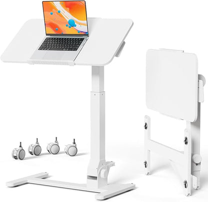 JOY worker Foldable Mobile Standing Desk, 180° Tiltable Overbed Bedside Table with 4 Lockable Wheels, 31.5" Height Adjustable Rolling Laptop Desk for Home & Hospital Use, Easy Storage, White